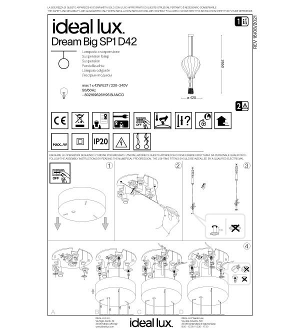 Люстра подвесная Ideal Lux Dream Big SP1 D42 Белый E27 261195