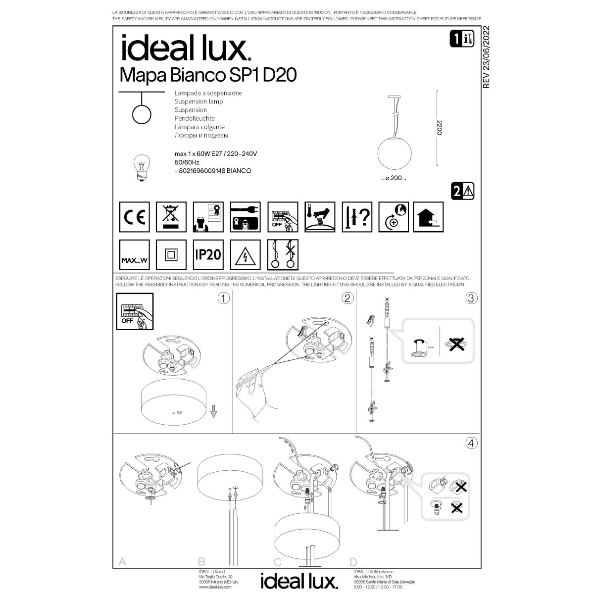 Светильник подвесной Ideal Lux Mapa SP1 D20 Белый E14 009148