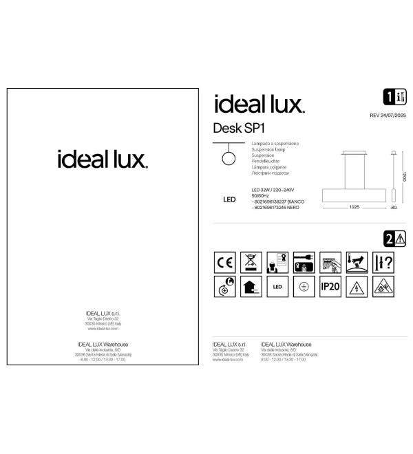 Светильник подвесной Ideal Lux Desk SP1 Белый 3000К LED 138237
