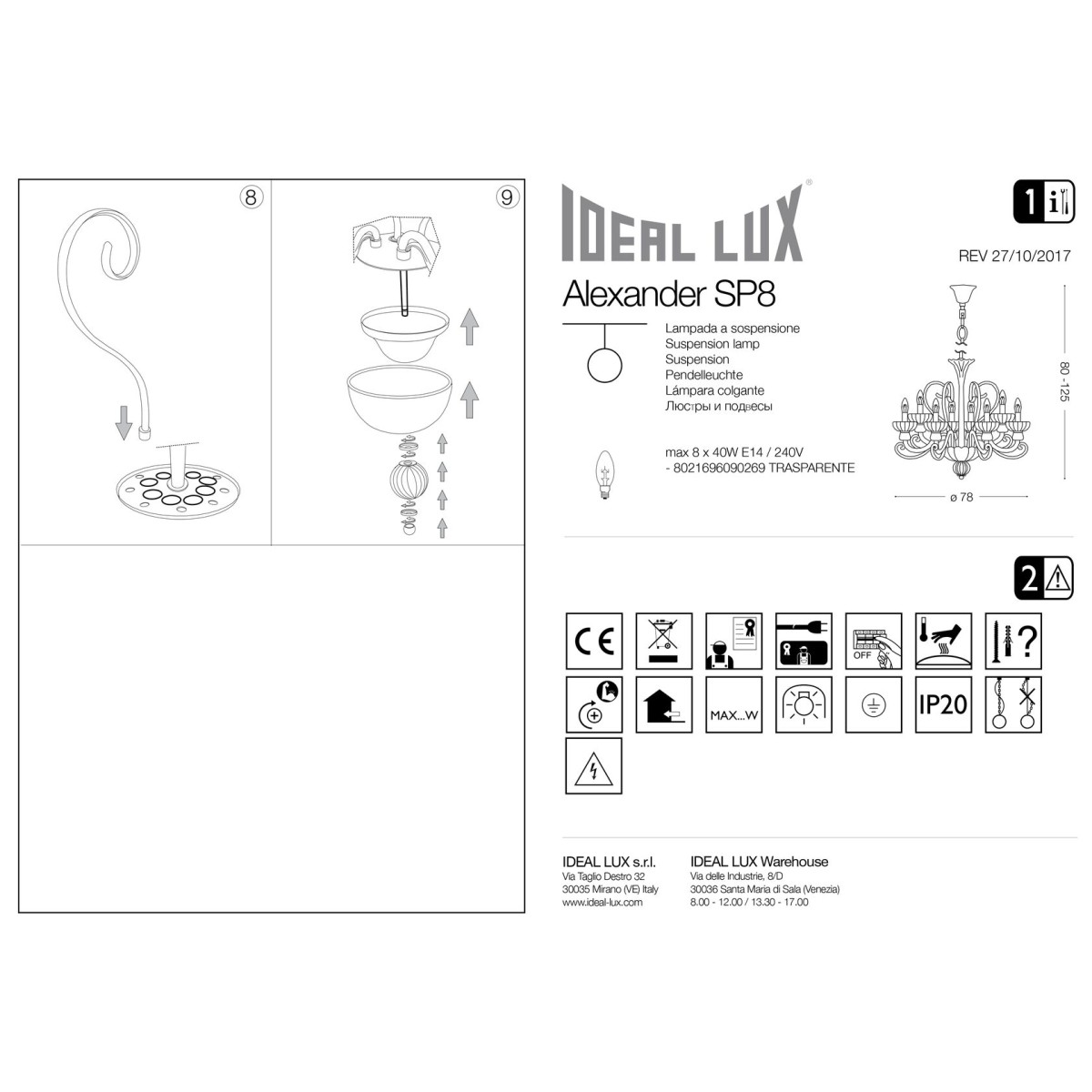 Люстра подвесная Ideal Lux Alexander SP8 Хром E14 090269