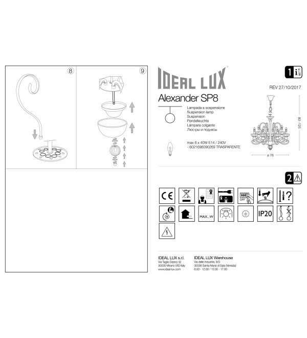 Люстра подвесная Ideal Lux Alexander SP8 Хром E14 090269