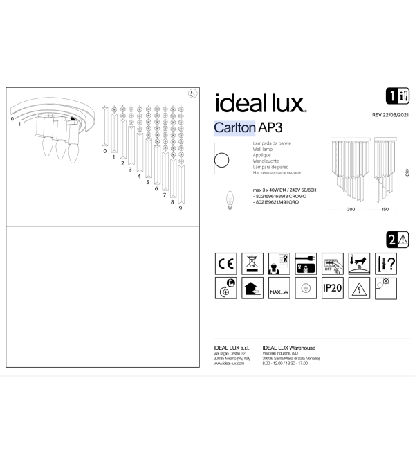 Светильник настенный Ideal Lux Carlton AP3 Хром E14 168913
