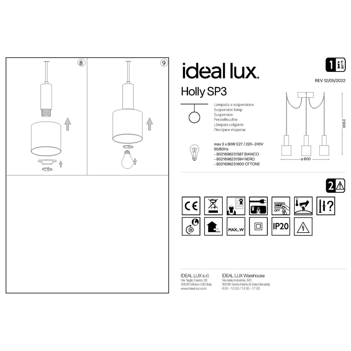 Светильник подвесной Ideal Lux Holly SP3 Белый E27 231587