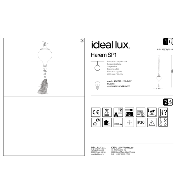 Люстра подвесная Ideal Lux Harem SP1 Латунь античная E27 115979