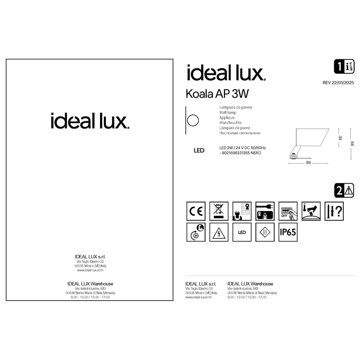 Светильник уличный Ideal Lux Koala AP 3Вт D24V Черный LED 3000К 331355