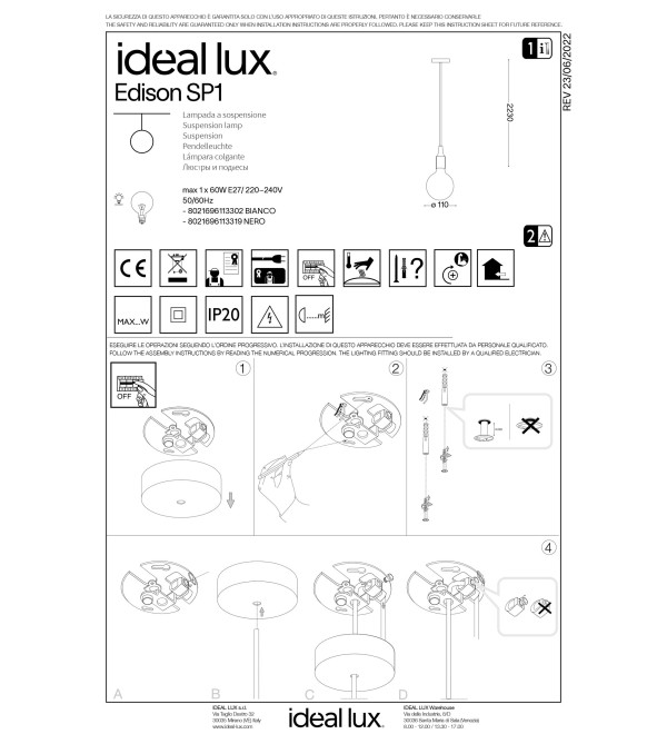 Светильник подвесной Ideal Lux Edison SP Черный E27 113319