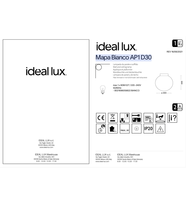 Светильник настенно Ideal Lux Mapa AP1 D30 Белый E27 059822
