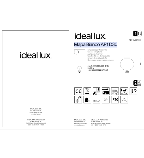 Светильник настенно Ideal Lux Mapa AP1 D30 Белый E27 059822