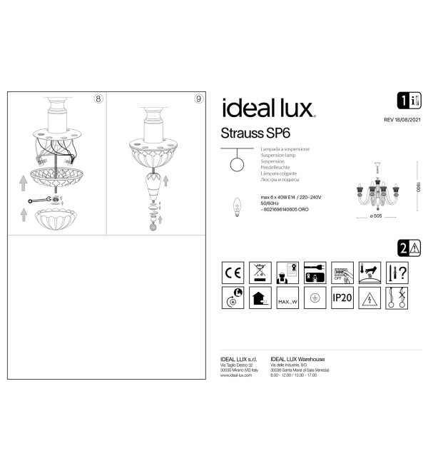 Люстра подвесная Ideal Lux Strauss SP6 E14 Золото 140605