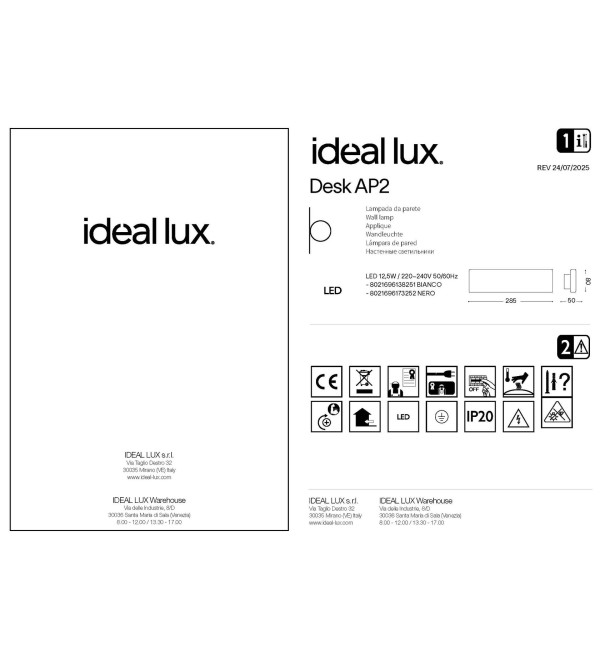 Светильник настенный Ideal Lux Desk AP2 Белый 3000К LED 138251