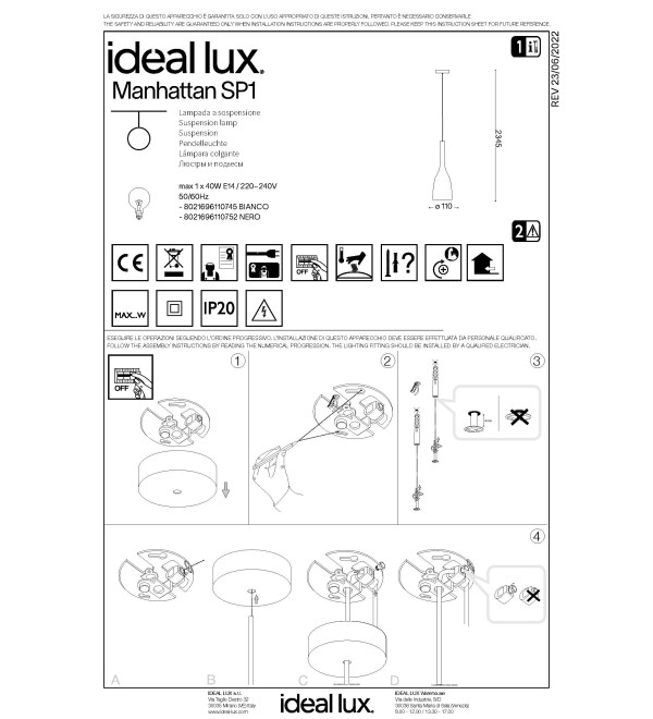 Светильник подвесной Ideal Lux Manhattan SP1 Белый E14 110745