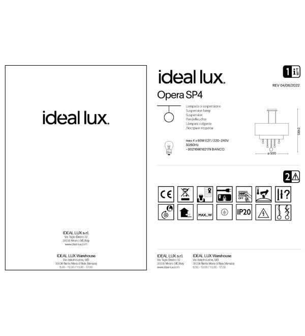Люстра подвесная Ideal Lux Opera SP4 Белый E27 182179