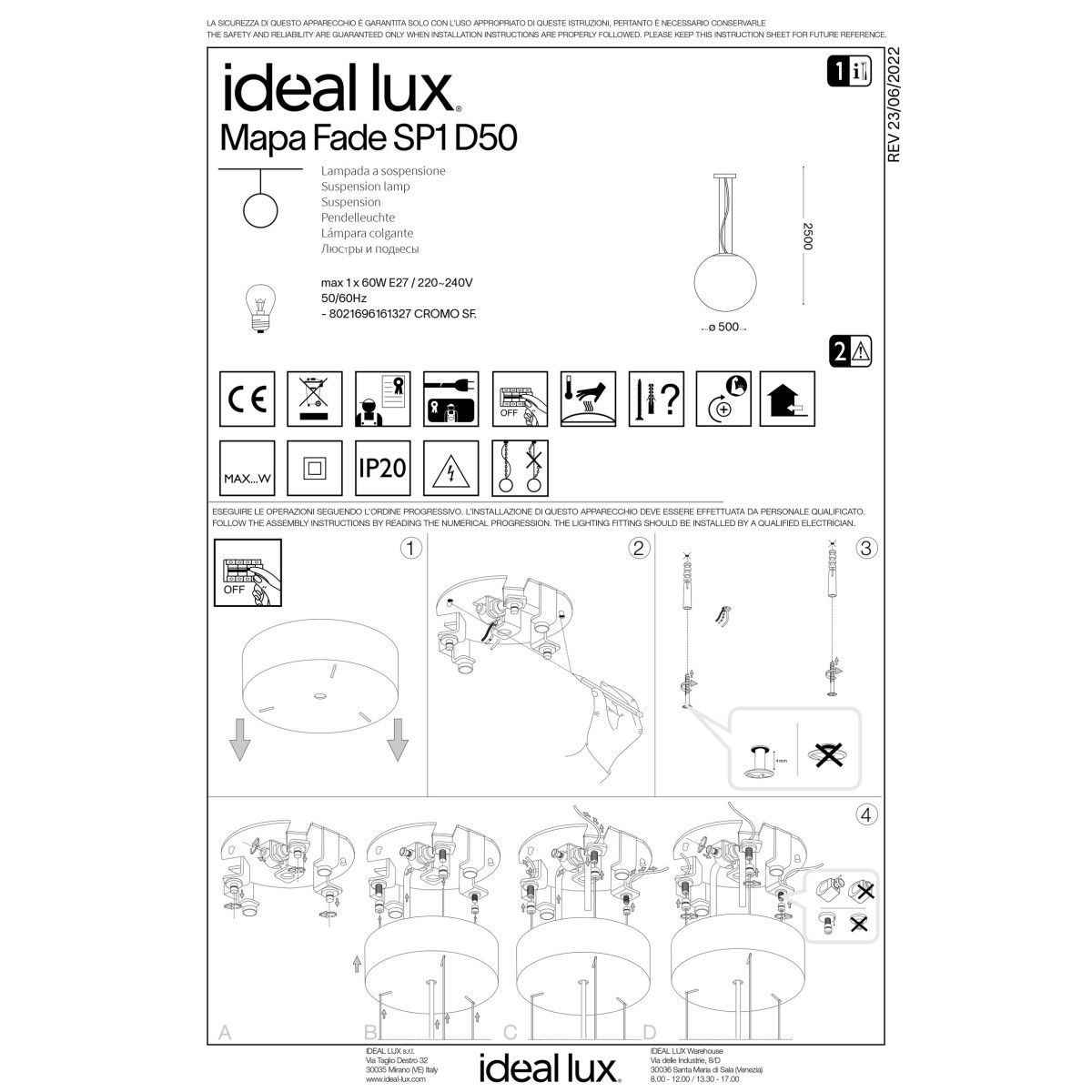 Светильник подвесной Ideal Lux Mapa SP1 D50 Хром E27 161327