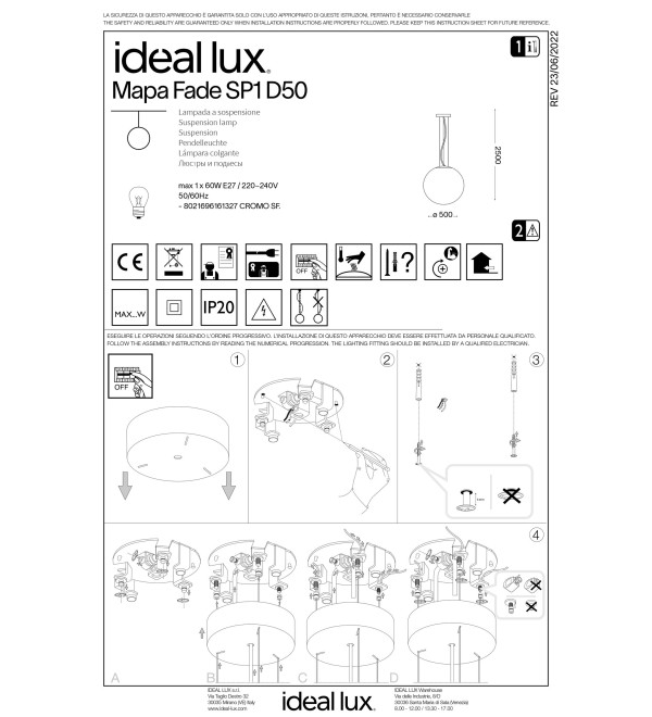 Светильник подвесной Ideal Lux Mapa SP1 D50 Хром E27 161327