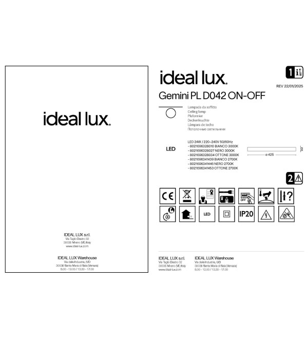 Люстра потолочная Ideal Lux Gemini PL D042 On-Off 3000K Белый LED 328010