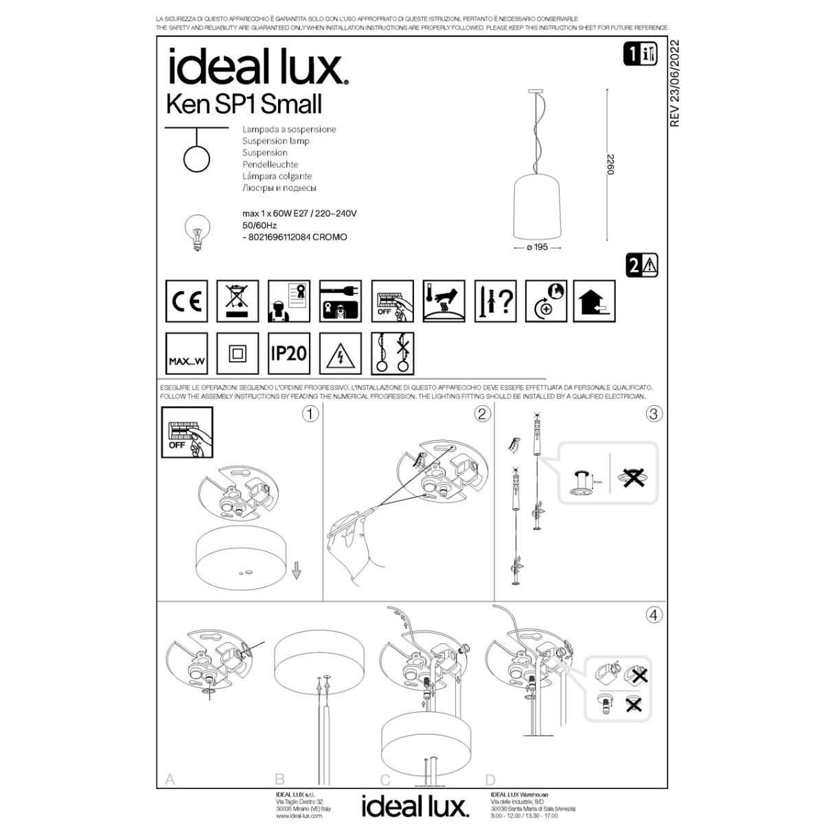 Светильник подвесной Ideal Lux Ken SP1 Small Размытый хром E27 112084