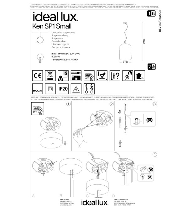Светильник подвесной Ideal Lux Ken SP1 Small Размытый хром E27 112084