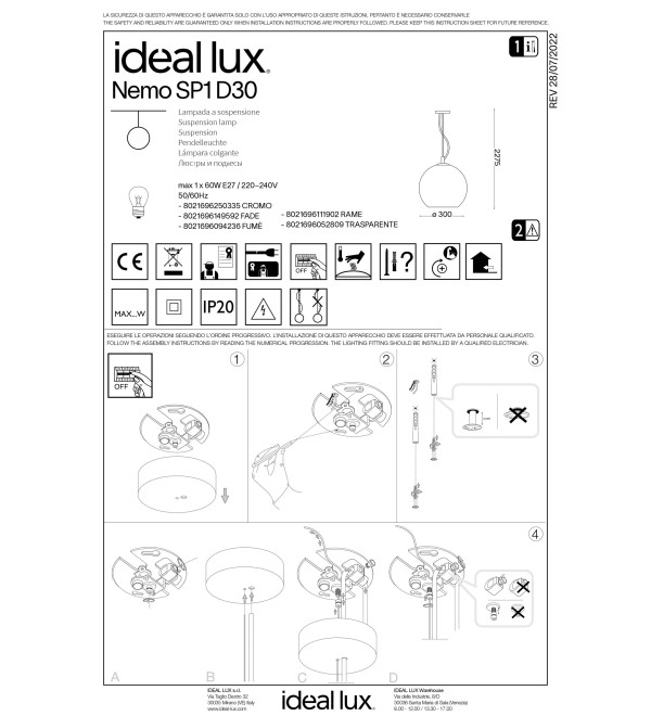 Светильник подвесной Ideal Lux Nemo SP1 D30 Хром E27 250335