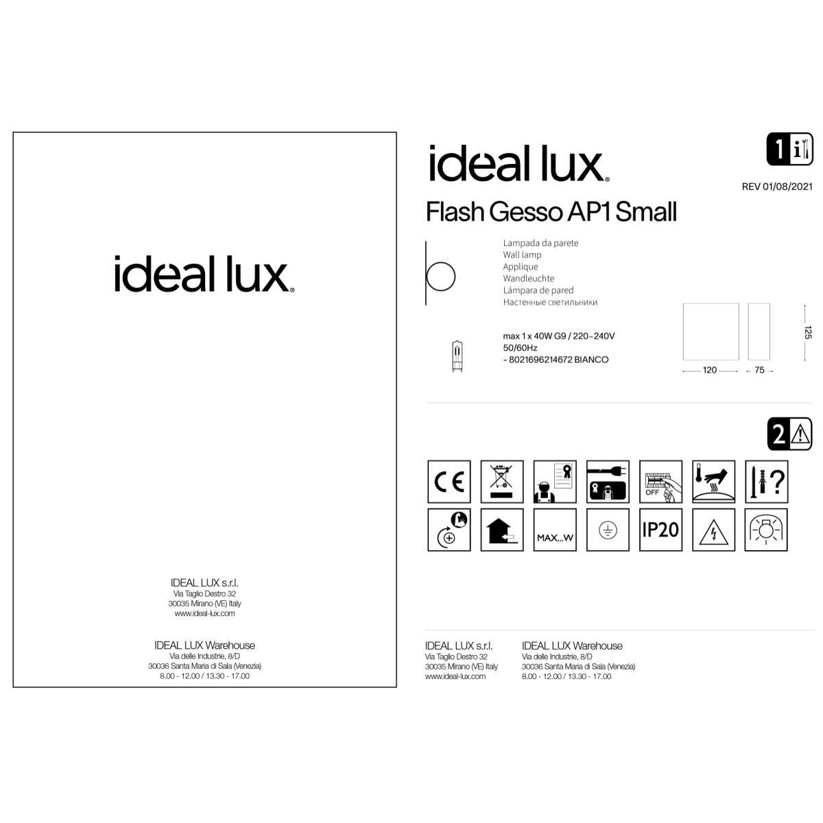 Светильник настенный Ideal Lux Flash AP1 Small Белый Гипс G9 214672