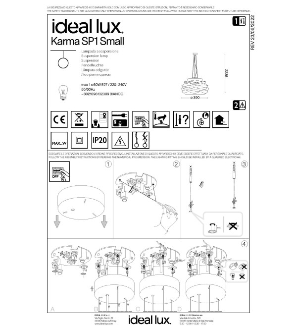 Светильник подвесной Ideal Lux Karma SP1 small Белый E27 132389