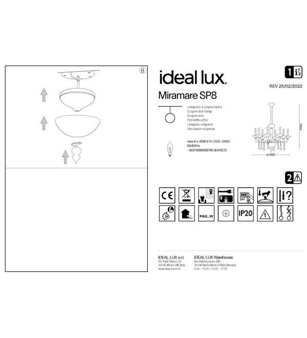 Люстра подвесная Ideal Lux Miramare SP8 Белый E14 068190