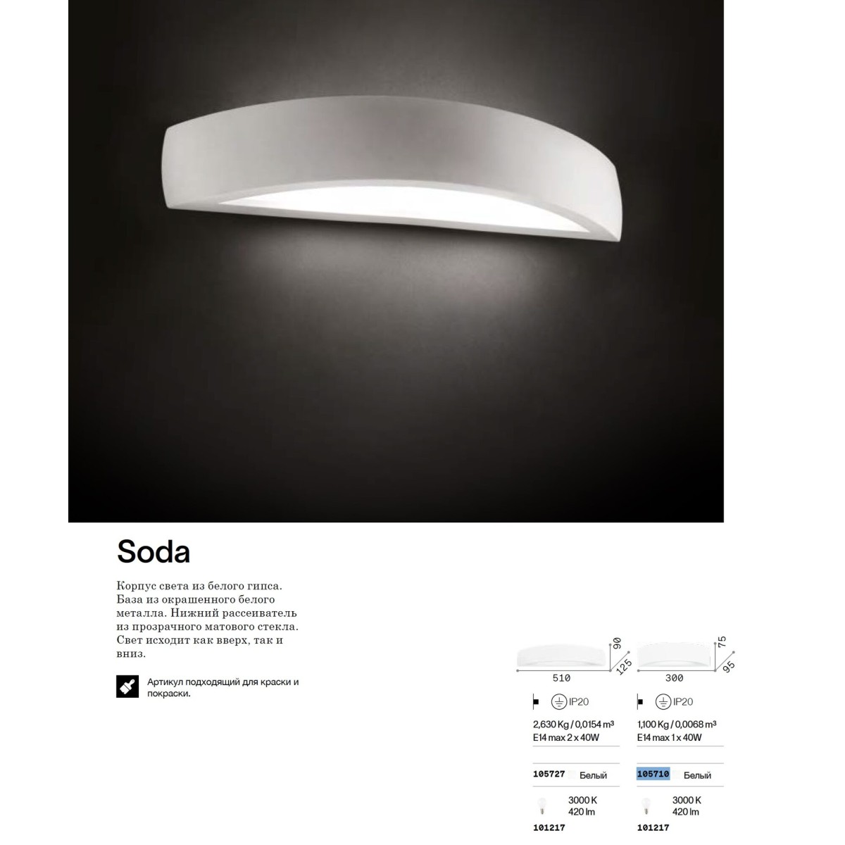 Светильник настенный Ideal Lux Soda AP1 Белый Гипс E14 105710