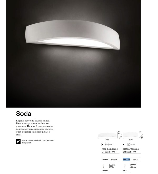 Светильник настенный Ideal Lux Soda AP1 Белый Гипс E14 105710