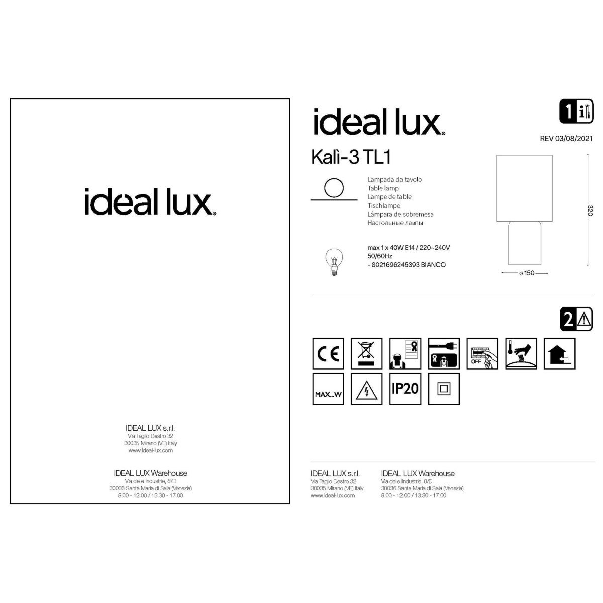 Лампа настольная Ideal Lux Kali-3 TL1 Белый E14 245393