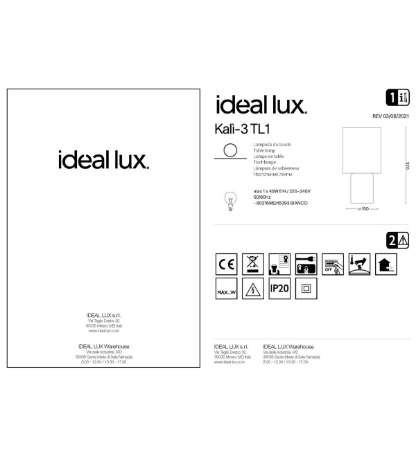 Лампа настольная Ideal Lux Kali-3 TL1 Белый E14 245393