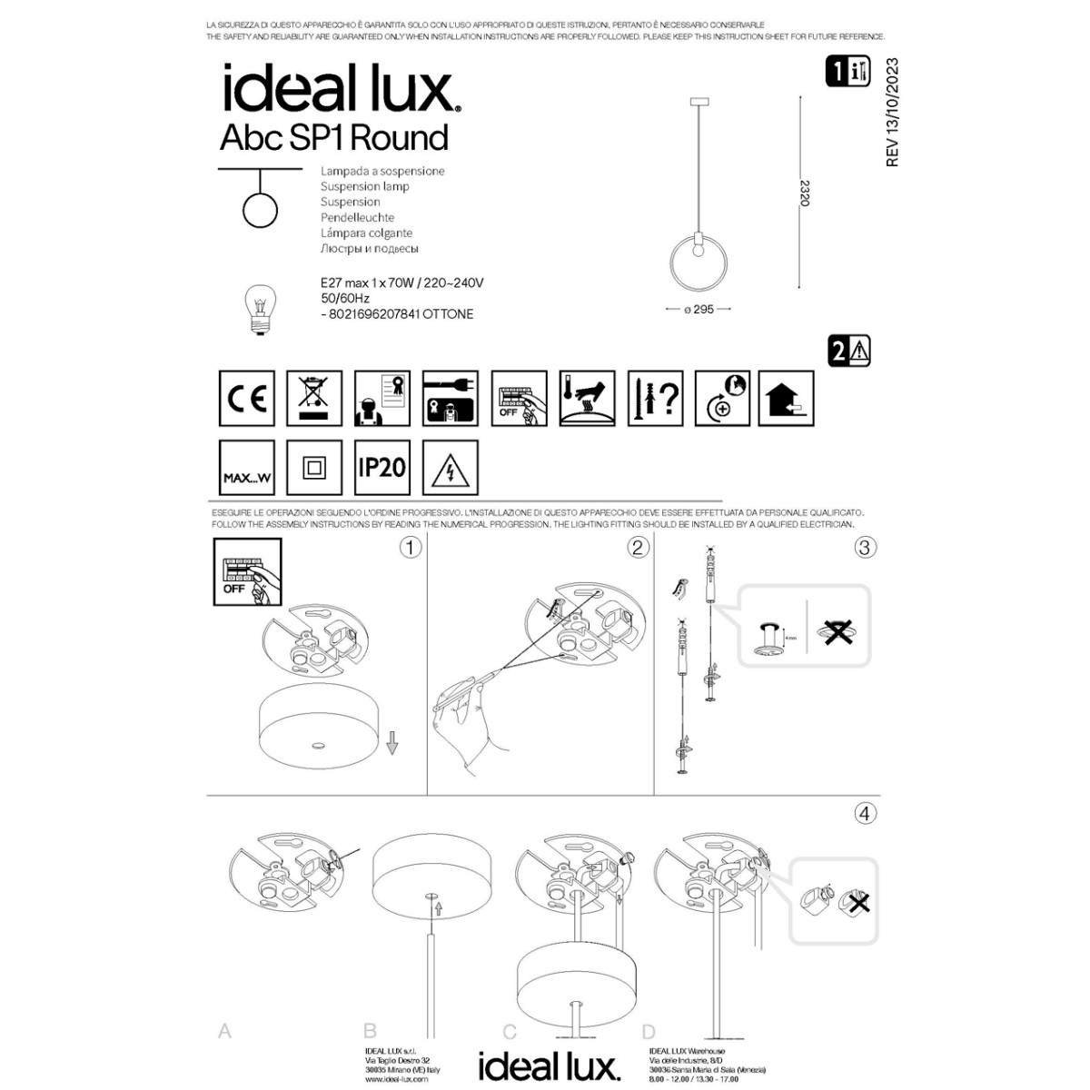 Светильник подвесной Ideal Lux Abc SP1 Triangle Латунь матовая E27 207834