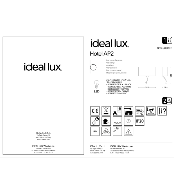 Светильник настенный Ideal Lux Hotel AP2 Белый / Хром E27 / LED 035949