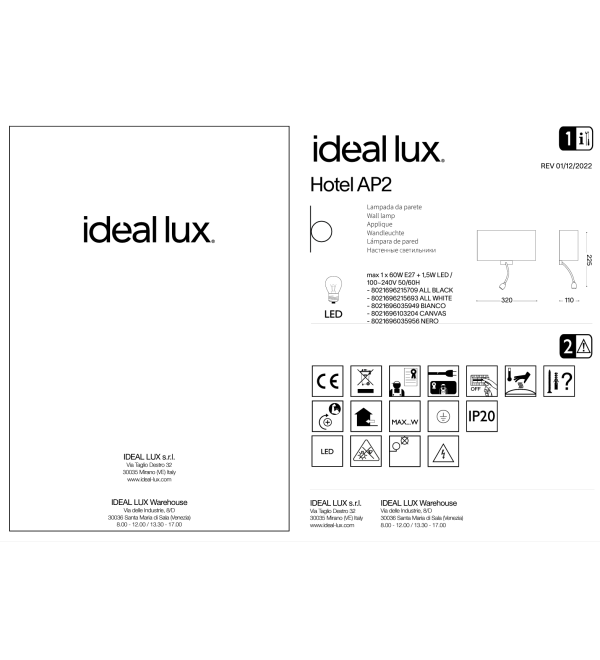 Светильник настенный Ideal Lux Hotel AP2 Белый / Хром E27 / LED 035949