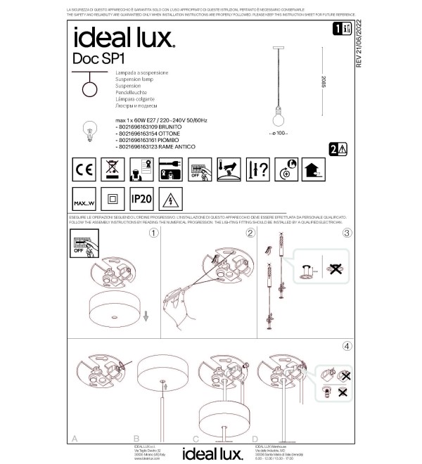 Светильник подвесной Ideal Lux Doc SP1 Свинец E27 163161
