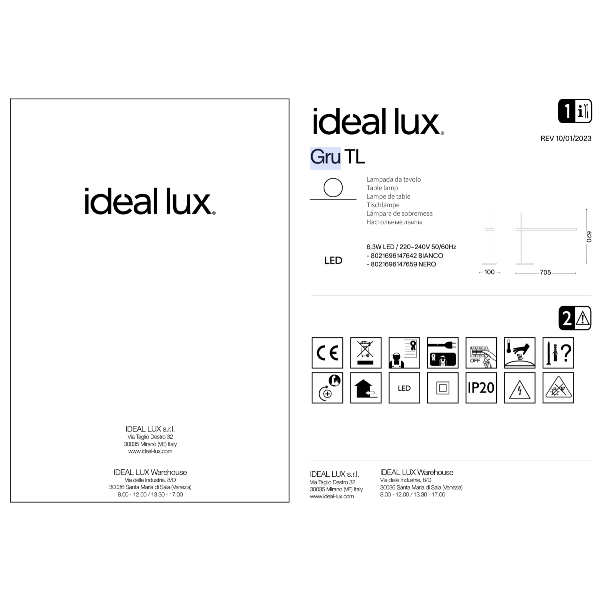 Лампа настольная Ideal Lux Gru TL Белый 3000К LED 147642