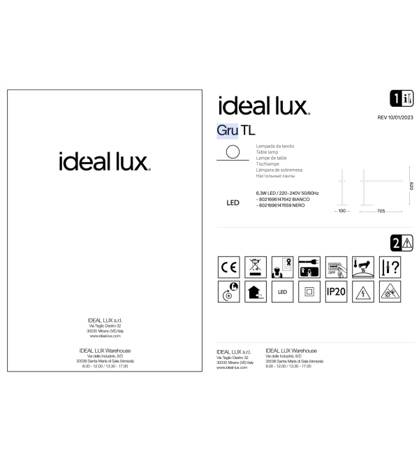 Лампа настольная Ideal Lux Gru TL Белый 3000К LED 147642