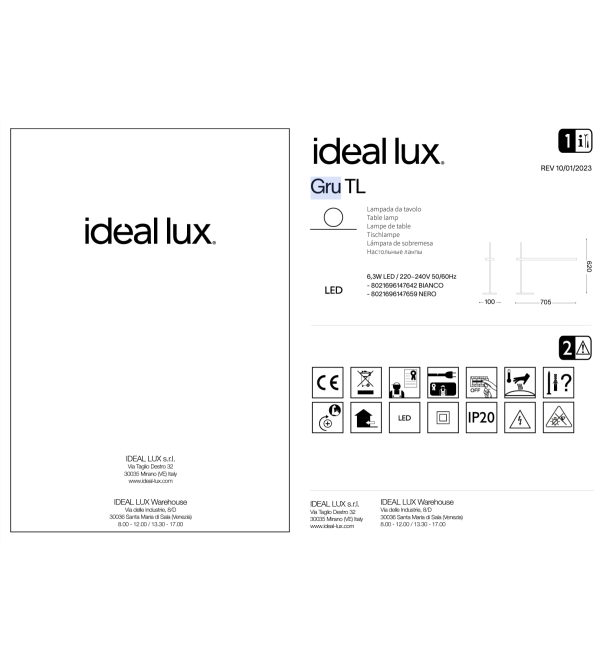 Лампа настольная Ideal Lux Gru TL Белый 3000К LED 147642