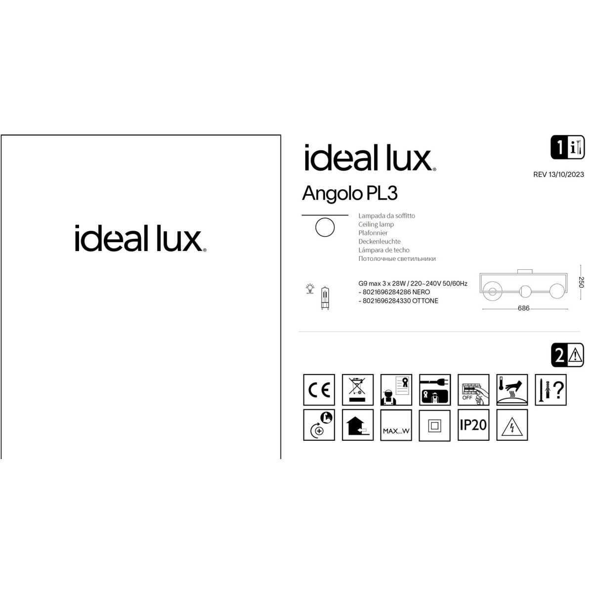 Люстра потолочная Ideal Lux Angolo PL3 Черный G9 284286