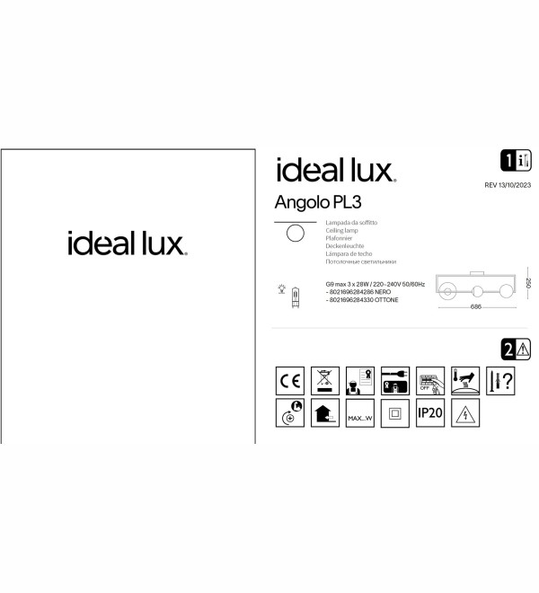Люстра потолочная Ideal Lux Angolo PL3 Черный G9 284286