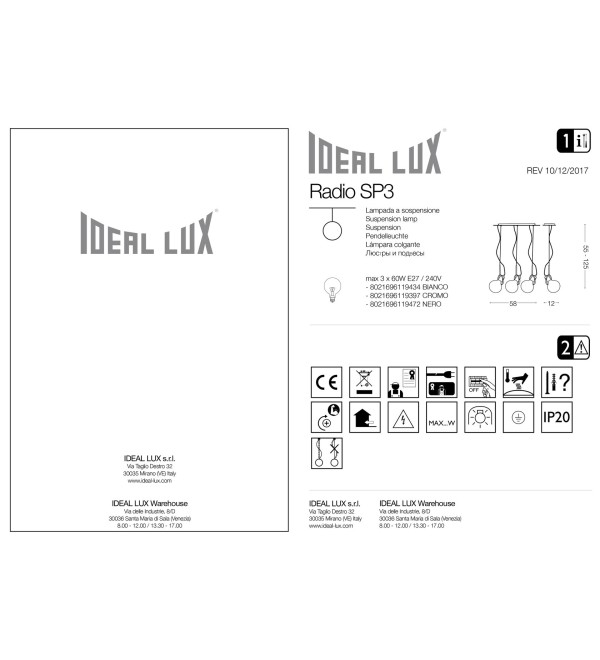 Светильник подвесной Ideal Lux Radio SP3 Белый E27 119434
