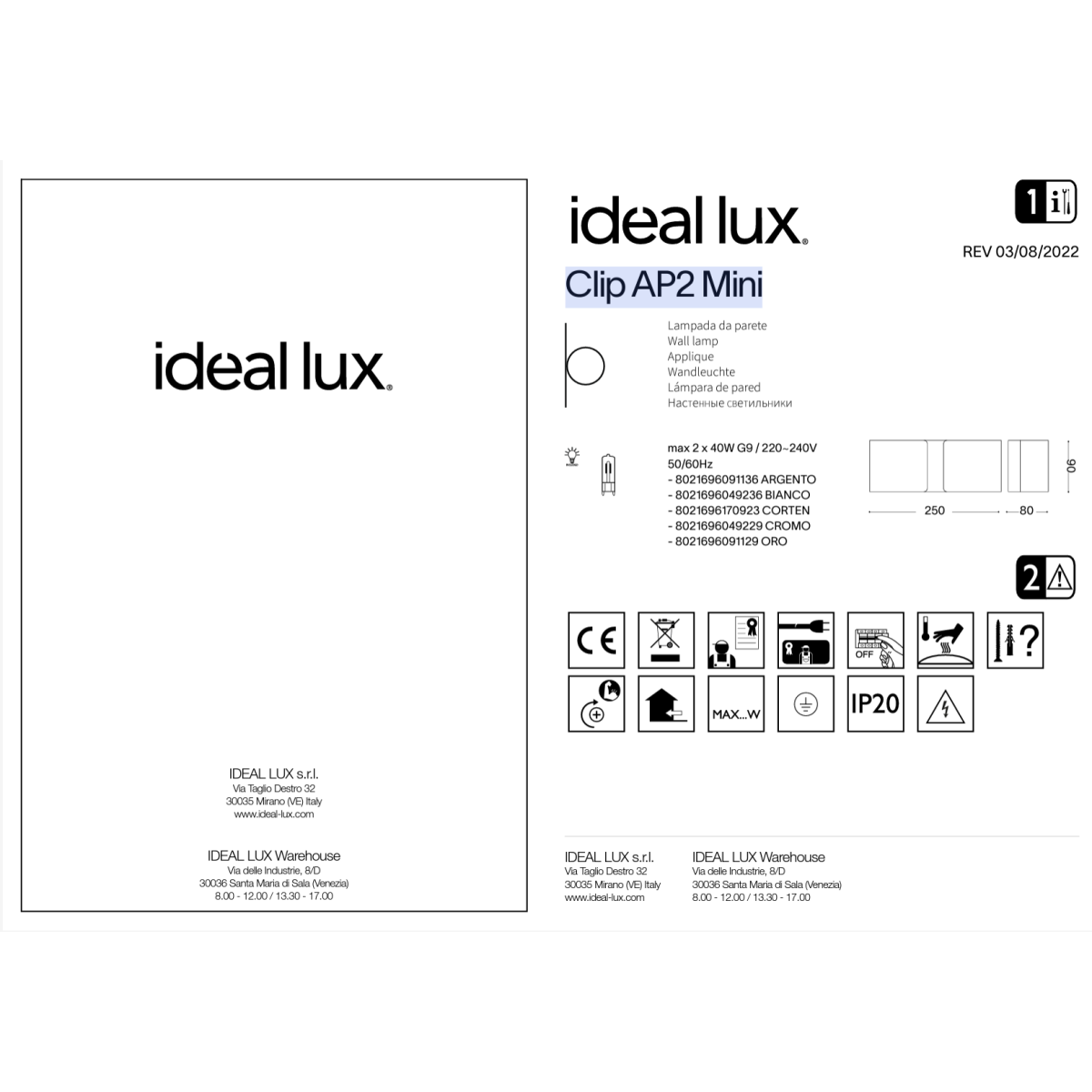 Светильник настенный Ideal Lux Clip AP2 Mini Белый G9 049236
