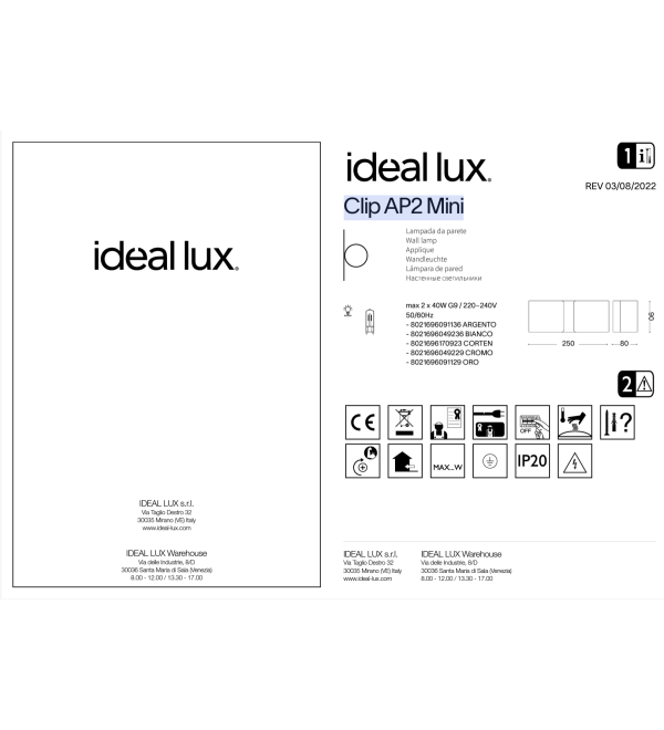 Светильник настенный Ideal Lux Clip AP2 Mini Белый G9 049236