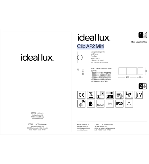 Светильник настенный Ideal Lux Clip AP2 Mini Белый G9 049236