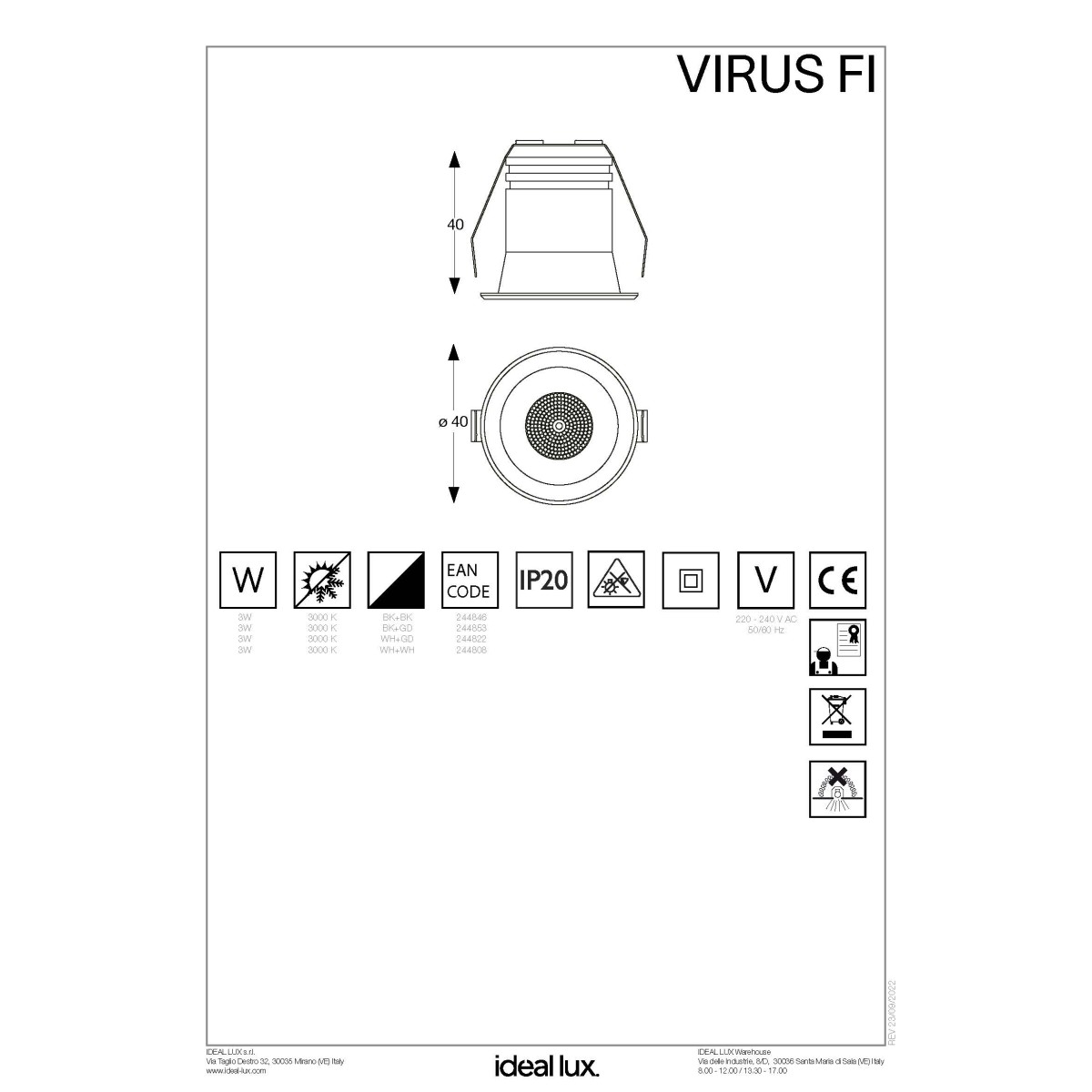 Светильник встраиваемый Ideal Lux Virus FI Белый / Золото 3000К LED 244822