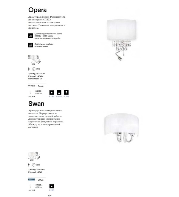 Светильник настенный Ideal Lux Swan AP2 Белый E14 035864