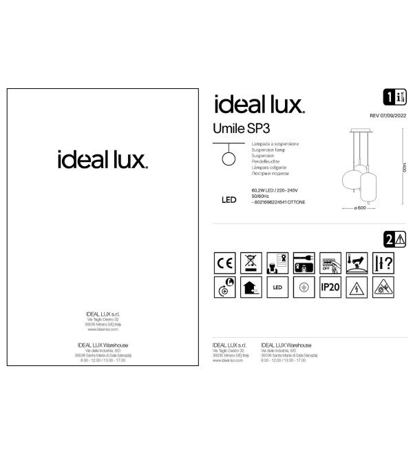 Люстра подвесная Ideal Lux Umile SP3 Золотистый 3000К LED 224541