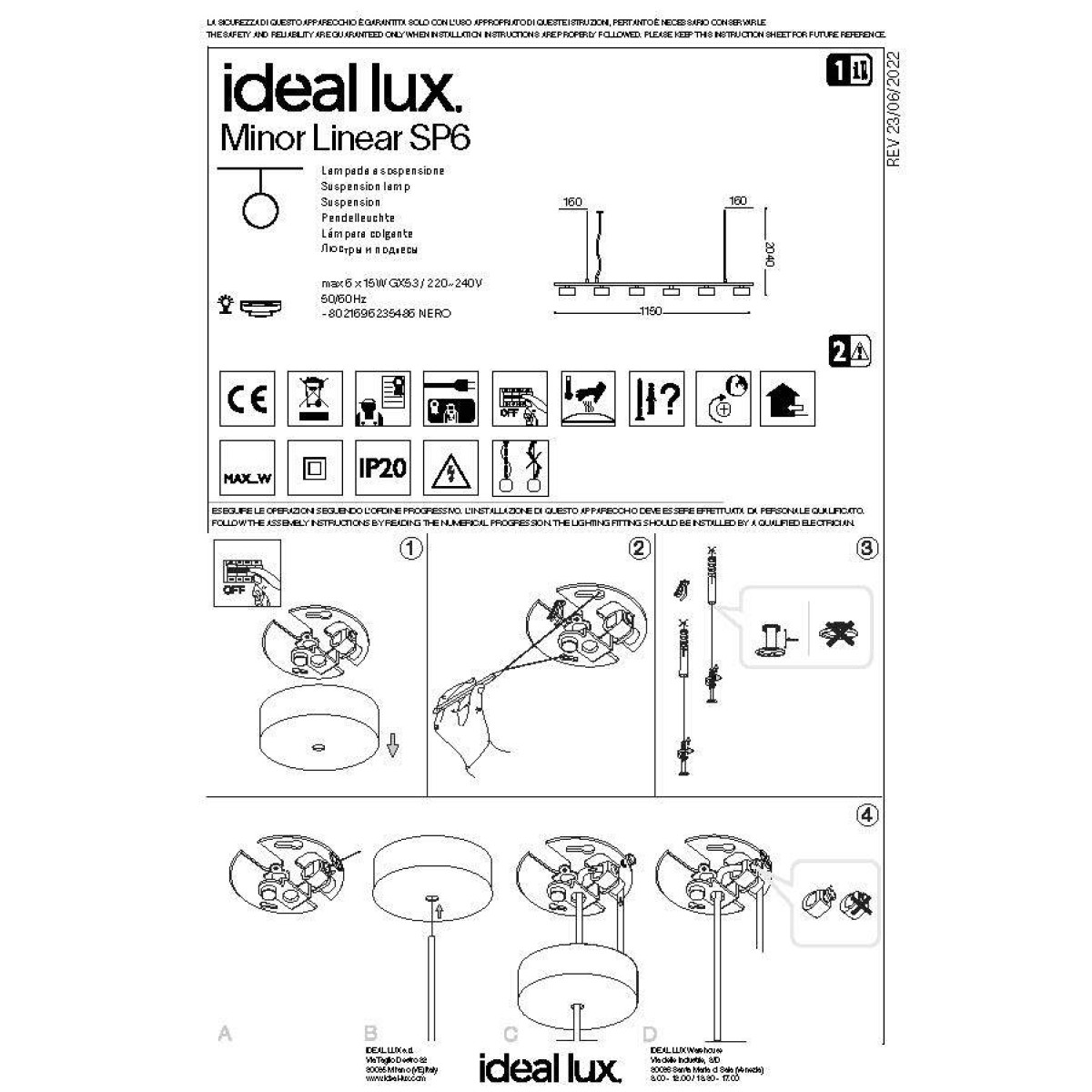 Люстра подвесная Ideal Lux Minor SP6 Linear Черный GX53 235486