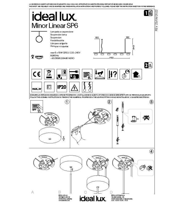 Люстра подвесная Ideal Lux Minor SP6 Linear Черный GX53 235486