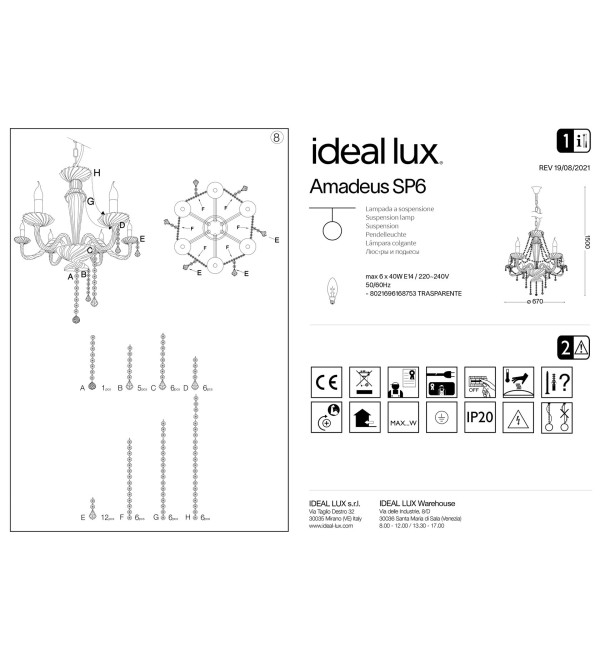 Люстра подвесная Ideal Lux Amadeus SP6 Прозрачный E14 168753