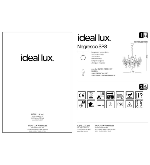 Люстра подвесная Ideal Lux Negresco SP8 Золото E14 087764