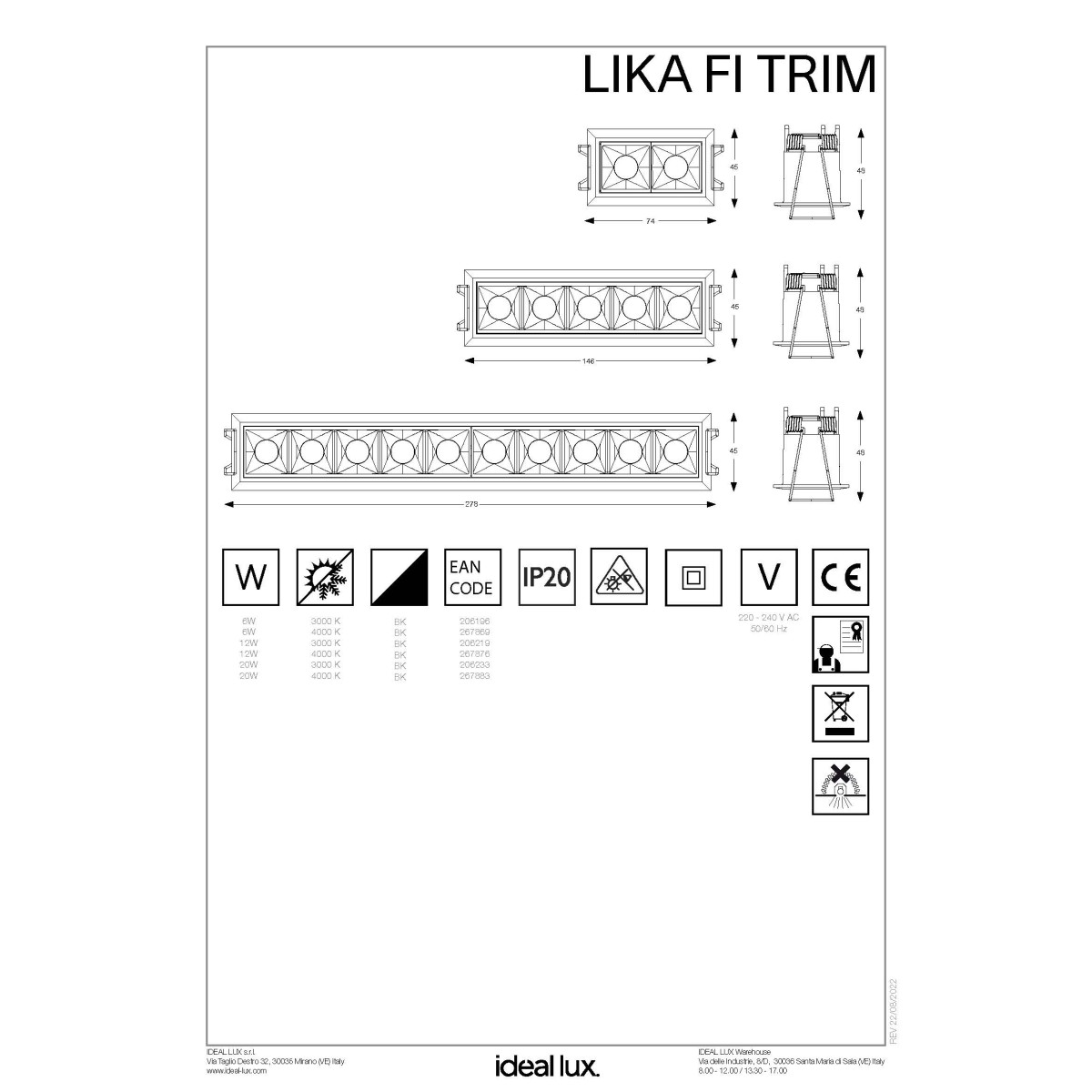 Светильник встраиваемый Ideal Lux Lika FI TRIM 06W 3000К LED Белый / Черный 206196